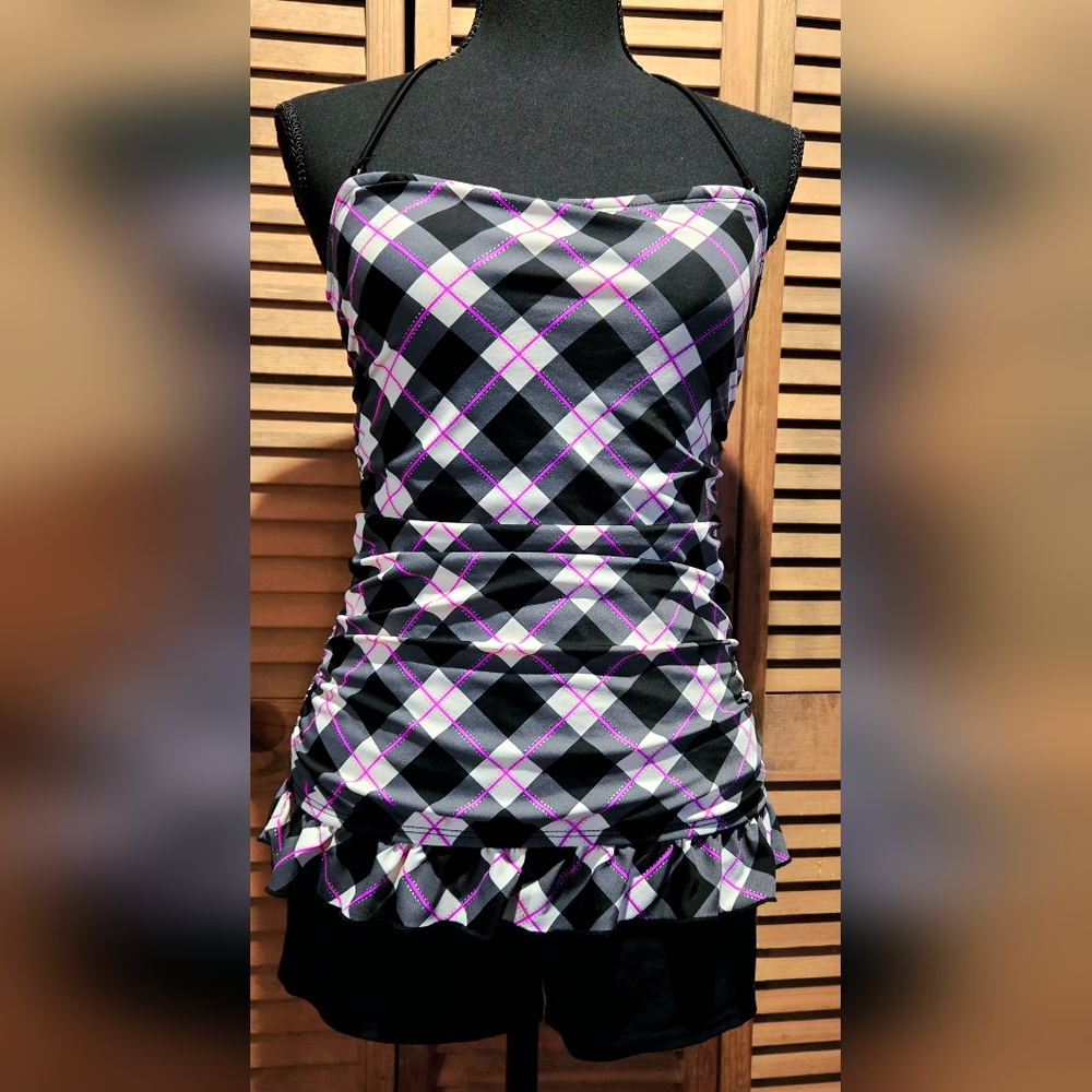 Malibu Black, White & Pink Plaid, Ruffle Swimsuit